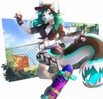  2018 5_fingers anthro breasts canine cleavage clothed clothing cybernetic_limb cybernetics detailed_background digital_media_(artwork) digitigrade female fox green_eyes green_hair green_nose hair hihikori machine mammal midriff monster_tail navel skateboard smile solo 