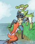  anthro big_breasts blush breasts butt cunnilingus female fingering furitty goldeen group legendary_pok&eacute;mon lucario nintendo nipples nude oral outside pok&eacute;mon pok&eacute;mon_(species) sex tongue tongue_out vaginal video_games virizion water 