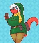  anthro big_breasts blue_eyes breasts clothed clothing english_text female hair hat huge_breasts lizard red_knight_(sirphilliam) red_skin reptile scalie scarf simple_background sirphilliam solo sweater text white_hair 