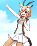  :d animal_ears ascot bangs blue_sky brown_eyes collared_shirt cowboy_shot day eyebrows_visible_through_hair hand_up horns kemono_friends looking_at_viewer multicolored multicolored_clothes multicolored_hair multicolored_legwear open_mouth orange_hair orange_neckwear outstretched_arm pantyhose pleated_skirt shirt skirt sky smile solo standing tail thomson's_gazelle_(kemono_friends) totokichi white_skirt wing_collar 