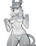  5_fingers anthro anubian_jackal areola baseball_cap black_nose breasts camel_toe canine clothed clothing ear_piercing female greyscale guide_lines hair half-closed_eyes hat hotkeke1 humanoid_hands jackal leggings legwear looking_at_viewer mammal midriff monochrome navel nipple_bulge nipple_slip open_mouth partially_clothed petra_(hotkeke1) piercing portrait pubes simple_background solo sweater three-quarter_portrait tight_clothing under_boob undressing url white_background 
