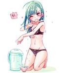  bikini bowl food green_hair grey_eyes long_hair nagisa_honoka original solo swimsuit translated water_heater 