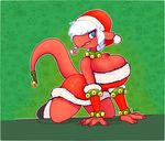  anthro bell big_breasts blue_eyes breasts candy candy_cane christmas cleavage clothed clothing female food hair hat holidays huge_breasts lizard red_knight_(sirphilliam) red_skin reptile scalie sirphilliam solo voluptuous white_hair wide_hips 