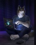  2018 anthro blue_eyes canine digital_media_(artwork) hacker male mammal rakan were werewolf wolf wolnir 