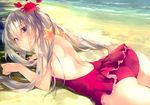  absurdres amami_mikihiro ass backless_outfit beach bikini blue_eyes casual_one-piece_swimsuit crab day eyebrows_visible_through_hair fate/grand_order fate_(series) hair_between_eyes highres long_hair looking_at_viewer looking_back lying marie_antoinette_(fate/grand_order) marie_antoinette_(swimsuit_caster)_(fate) on_stomach one-piece_swimsuit outdoors red_bikini red_swimsuit silver_hair solo starfish_hair_ornament swimsuit twintails very_long_hair 