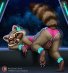  2018 ankle_bands anthro brown_eyes butt claws clothed clothing delkon digital_media_(artwork) female fluffy fluffy_tail fur looking_at_viewer looking_back lying mammal midriff neon on_front open_mouth pawpads paws presenting presenting_pussy procyonid pussy raccoon raised_tail science_fiction smile solo space stripes toe_claws wristband 