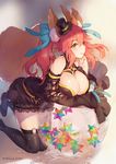  animal_ears ball bare_shoulders black_dress black_footwear black_hat black_legwear breasts cleavage criin detached_sleeves dress eyebrows_visible_through_hair fate/extra fate/extra_ccc fate_(series) flower fox_ears fox_tail hair_between_eyes hat highres kneeling large_breasts long_hair mini_hat o-ring pink_hair rose saint_quartz shoes sleeves_past_wrists smile solo stellated_octahedron tail tamamo_(fate)_(all) tamamo_no_mae_(fate) thighhighs top_hat twitter_username white_flower white_rose yellow_eyes 