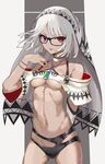  adapted_costume altera_(fate) arm_behind_back bangs bare_shoulders bespectacled black_panties blue-framed_eyewear breasts choker collarbone cowboy_shot dark_skin detached_sleeves earrings eyebrows_visible_through_hair fate/extella fate/extra fate_(series) floating_hair full_body_tattoo glasses graphite_(medium) grey_background hand_up highres htt_(qwe87851618) jewelry liquid looking_at_viewer medium_breasts navel off-shoulder_shirt panties parted_lips red_eyes shirt short_hair short_sleeves single_detached_sleeve skindentation smile solo standing stomach straight_hair tattoo traditional_media tsurime underboob underwear veil white_background white_choker white_hair white_shirt 
