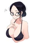 bangs bare_shoulders bikini black_bikini black_hair blue_eyes blush breasts closed_mouth eyebrows_visible_through_hair hair_bun highres huge_breasts looking_at_viewer original parted_bangs rucchiifu simple_background solo squiggle swimsuit upper_body white_background 