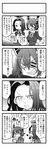  4koma :d bow bowtie comic commentary_request eyepatch greyscale grin headgear highres kantai_collection kurogane_gin mechanical_halo monochrome multiple_girls necktie open_mouth school_uniform short_hair smile sweat tatsuta_(kantai_collection) television tenryuu_(kantai_collection) translated v-shaped_eyebrows watching_television 