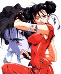  90s bandages black_hair breasts brown_eyes china_dress chinese_clothes chun-li covered_nipples double_bun dress fighting_stance fingerless_gloves gloves highres looking_at_viewer medium_breasts official_art parted_lips scan short_hair short_sleeves simple_background smile solo street_fighter tears urushihara_satoshi white_background 