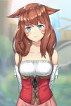  andonoz animal_ears blue_eyes blurry blurry_background brown_hair cat_ears detached_sleeves facial_mark final_fantasy final_fantasy_xiv highres long_hair looking_at_viewer miqo'te slit_pupils smile solo whisker_markings 