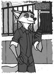  2018 anthro canine clothing comic dialogue disney english_text eyewear fox fur greyscale luraiokun male mammal monochrome necktie nick_wilde phone sunglasses text texting zootopia 