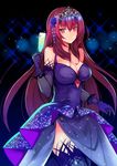  argyle_cutout commentary_request cup dress drinking_glass elbow_gloves evening_gown fate/grand_order fate_(series) flower gloves hair_flower hair_ornament heroic_spirit_formal_dress highres hyakuichi jewelry light_smile long_hair looking_at_viewer necklace purple_dress purple_gloves purple_hair purple_legwear red_eyes scathach_(fate)_(all) scathach_(fate/grand_order) solo sparkle thighhighs tiara 