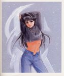  80s ayukawa_madoka black_hair breasts denim highres jeans kimagure_orange_road long_hair medium_breasts midriff navel official_art oldschool pants solo takada_akemi unzipped 