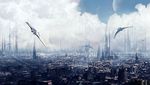  building canal city cityscape cloud cloudy_sky dome highres jfliesenborghs lake no_humans original planet scenery science_fiction sky skyscraper space_craft star_(sky) starfighter tower 