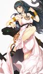  armlet black_footwear black_hair blue_eyes bracelet cleopatra_(fate/grand_order) collar commentary_request dress earrings facial_tattoo fate/grand_order fate_(series) hairband highres hoop_earrings jewelry l!bra leg_up light_blush long_dress long_hair necklace panties ring snake solo tattoo underwear white_background white_dress 