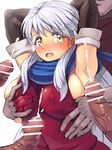  1girl 4boys armpits arms_up blue_scarf blush boris_(noborhys) breast_grab breasts censor_bar cum ejaculation eyebrows_visible_through_hair female fire_emblem fire_emblem:_akatsuki_no_megami grope large_breasts micaiah multiple_boys multiple_penises nipples open_mouth penis pointless_censoring rape restrained scarf see-through sweatdrop white_hair yellow_eyes 
