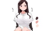 bangs breasts brown_hair closed_mouth color_guide hair_ornament hairclip highres huge_breasts long_sleeves looking_at_viewer mole mole_under_eye original parted_bangs red_eyes rucchiifu shirt short_over_long_sleeves short_sleeves sitting sketch solo upper_body white_shirt 