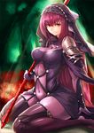  bodysuit breasts covered_navel fate/grand_order fate_(series) gae_bolg highres hood large_breasts long_hair pauldrons polearm purple_hair red_eyes scathach_(fate)_(all) scathach_(fate/grand_order) sitting solo spear srsojiro wariza weapon 