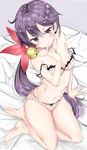  akebono_(kantai_collection) bell blush bra commentary_request finger_to_mouth flat_chest flower from_above hair_bell hair_flower hair_ornament jingle_bell kantai_collection kengorou_saemon_ii_sei long_hair looking_at_viewer navel on_bed oversized_breast_cup panties pink_bra pink_panties purple_eyes purple_hair sitting solo underwear underwear_only very_long_hair yokozuwari 