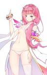  absurdres arm_at_side ass_visible_through_thighs bad_id bad_pixiv_id bangs blue_eyes breasts collarbone cowboy_shot darling_in_the_franxx hair_over_shoulder highres holding horn long_hair looking_away low-tied_long_hair lowleg lowleg_panties navel nipples no_bra nude off_shoulder panties pink_hair single_thighhigh small_breasts smile solo standing thighhighs underwear white_coat white_legwear white_panties zero_two_(darling_in_the_franxx) zipplin 