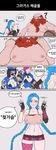  3girls absurdres barrel blue_eyes breasts caitlyn_(league_of_legends) camera cleavage comic commentary_request doughnut facial_hair food gauntlets gloves gragas hat highres jinx_(league_of_legends) large_breasts league_of_legends long_hair midriff multiple_girls navel officer_caitlyn officer_vi photo_(object) pink_hair police police_hat police_uniform policewoman samiri short_hair spit_take spitting tattoo translation_request uniform vi_(league_of_legends) 
