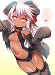 :o absurdres animal_ears arm_ribbon bangs bare_shoulders black_gloves black_legwear black_leotard blush boots bow bowtie breasts center_opening chloe_von_einzbern commentary_request covered_nipples dark_skin dog_ears dog_tail elbow_gloves eyebrows_visible_through_hair fake_animal_ears fang fate/kaleid_liner_prisma_illya fate_(series) flipped_hair folded_ponytail fur_boots gloves gradient gradient_background hair_between_eyes hair_ribbon hands_up heart highres leash leotard long_hair looking_at_viewer multicolored multicolored_eyes navel open_mouth paw_gloves paw_pose paws pink_hair red_bow red_eyes red_neckwear red_ribbon revealing_clothes ribbon sakurayume_kome shiny shiny_clothes shiny_skin small_breasts solo standing stomach stomach_tattoo swept_bangs tail talking tattoo thigh_gap thighhighs thighs translation_request yellow_eyes 