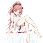  2018 alternate_costume bloomers blush camisole crossed_legs dated mahou_shoujo_madoka_magica mr_nini pink_eyes pink_hair ponytail sakura_kyouko solo twitter_username underwear white 