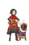  black_eyes black_hair black_legwear boots capelet check_translation cross-laced_clothes dog dress floral_print flower frilled_dress frills full_body hair_flower hair_ornament hand_on_hip highres leash looking_at_viewer makaria official_art pantyhose princess_principal princess_principal_game_of_mission red_dress red_footwear shoes short_hair smile solo standing tosa_(dog) toudou_chise translation_request transparent_background 