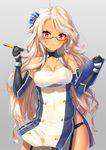  ahoge azur_lane bare_shoulders black_gloves black_panties blonde_hair blue-framed_eyewear blush bow breasts brooklyn_(azur_lane) buttons cleavage clipboard collarbone dark_skin detached_sleeves dress elbow_gloves eyebrows_visible_through_hair eyelashes fountain_pen garter_straps glasses gloves grey_background hair_bow hair_ornament halter_dress head_tilt holding holding_clipboard holding_pen large_breasts long_hair looking_at_viewer medium_breasts messy_hair panties parted_lips pen pensuke red_eyes semi-rimless_eyewear shiny shiny_skin short_dress side_slit simple_background skindentation smile solo standing striped striped_bow thighs underboob_cutout underbust underwear very_long_hair wavy_hair wind wind_lift 