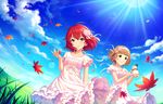  2girls blue_eyes blush dress garden idolmaster idolmaster_cinderella_girls idolmaster_cinderella_girls_starlight_stage multiple_girls murakami_tomoe red_hair short_hair sky smile sun 