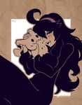  ahoge animal animal_hug breasts eyeshadow flat_color gen_7_pokemon hairband happy hex_maniac_(pokemon) high_contrast holding holding_pokemon hug huge_ahoge ian_chase large_breasts lips long_hair makeup messy_hair mimikyu pokemon pokemon_(creature) pokemon_(game) pokemon_xy sepia smile spot_color 