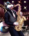  2016 anthro audience bear blue_fur canine clothed clothing concert curtains dog eyes_closed fox frown fur grey_fur group husky inside lights male mammal musical_instrument necktie piano playing_music saxophone solo_focus stage standing suit thelupinprincess treble_the_husky vest white_fur 