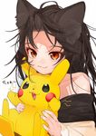  animal_ears artist_name bare_shoulders brown_hair collarbone commentary dated dress fang fingernails forehead gen_1_pokemon gotoh510 highres holding imaizumi_kagerou long_hair looking_at_viewer messy_hair off-shoulder_dress off_shoulder pikachu pokemon pokemon_(creature) red_eyes simple_background smile solo touhou upper_body white_background wolf_ears 