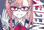  asymmetrical_hair bangs blue-framed_eyewear blue_background blush bow braid character_name collared_jacket commentary_request girls_frontline glasses glove_pull gloves grey_shirt hair_between_eyes hair_ornament hair_over_shoulder hair_ribbon hairclip hexagram highres long_hair looking_at_viewer negev_(girls_frontline) papaia_(quentingqoo) parted_lips pink_hair red_bow red_eyes ribbon shirt simple_background smile solo star_of_david white_gloves 