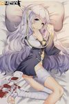  bandaged_leg bandages bangs bed bed_sheet bil-ajeossi blood blood_bag blue_eyes blush closed_mouth commentary dress eyebrows_visible_through_hair eyelashes girls_frontline hair_between_eyes highres intravenous_drip long_hair looking_at_viewer lying messy_hair no_panties on_side pillow ribeyrolles_1918_(girls_frontline) short_dress shoulder_cutout side_slit silver_hair solo tassel thighs very_long_hair wavy_hair wide_sleeves 
