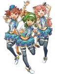  animal_ears blue_eyes blue_legwear brown_hair dark_skin dwarf eyebrows farfalia full_body geetgeet green_eyes green_hair hannah_blaze idol_clothes lion_ears lion_girl lion_tail long_hair multiple_girls open_mouth pink_hair pointy_ears pop-up_story purple_eyes quad_tails skirt smile tail thighhighs tiger_ears tiger_girl white_background ymir_paaya 