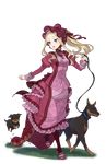  :o blonde_hair blue_eyes bonnet braid doberman dog dress elizabeth_cassandra_austin frilled_dress frilled_sleeves frills full_body grass highres leash long_hair looking_to_the_side official_art open_mouth pink_dress pink_footwear ponytail princess_principal princess_principal_game_of_mission puppy shoes standing transparent_background 