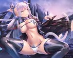  animal_ears arm_support artist_name bangs black_legwear breasts bursting_breasts cleavage large_breasts leaning_to_the_side legs long_hair long_legs looking_away looking_back lowleg lowleg_panties navel original panties purple_hair science_fiction short_sleeves solo spread_legs squatting tail thick_thighs thighhighs thighs tougetsu_gou underwear yellow_eyes 