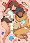  animal_costume animal_hood bangs bare_shoulders barefoot bear_costume bed_sheet black_hair black_shorts blue_shirt blush brown_hair closed_eyes commentary_request dark_skin diary drooling fang hai_ookami heart highres hood hood_up indoors long_hair long_sleeves lying midriff mole mole_under_eye multiple_girls navel on_bed on_side open_mouth original pillow red_pillow revision saliva shirt shorts sleeping star stuffed_animal stuffed_bunny stuffed_toy tan tank_top thick_eyebrows very_long_hair 