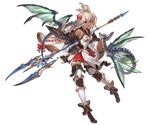  bangs bare_shoulders bell bell_collar boots bow bowtie collar dark_skin dragon dragon_tail dragon_wings full_body granblue_fantasy hair_ornament holding holding_weapon knee_pads long_hair looking_at_viewer minaba_hideo official_art open_mouth pleated_skirt polearm red_eyes ribbon skirt tail thighhighs transparent_background weapon wide_sleeves wings zettai_ryouiki zooey_(granblue_fantasy) 