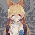  animal_ears armor bangs blonde_hair blue_eyes breasts collarbone commentary_request dress flower fox_ears g41_(girls_frontline) girls_frontline hair_between_eyes halter_dress halterneck heterochromia long_hair looking_at_viewer papaia_(quentingqoo) parted_lips red_eyes small_breasts smile solo very_long_hair white_dress 