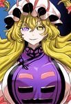  blonde_hair breasts cheken closed_mouth commentary dress eyebrows_visible_through_hair eyelashes hair_ribbon heterochromia huge_breasts long_hair looking_at_viewer purple_eyes ribbon solo tabard touhou upper_body white_dress yakumo_yukari yellow_eyes 