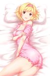  ass bare_legs bare_shoulders blonde_hair blush breasts brown_eyes cleavage crossed_arms djeeta_(granblue_fantasy) granblue_fantasy hair_intakes highres looking_at_viewer lying medium_breasts off_shoulder on_side open_mouth pajamas pillow sakaokasan short_hair solo 