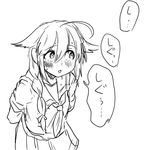  ahoge blush braid comic cowboy_shot eyebrows_visible_through_hair greyscale hair_between_eyes hair_flaps hair_ornament hair_over_shoulder hair_ribbon highres kantai_collection lineart long_hair looking_away monochrome neckerchief pleated_skirt poyo_(hellmayuge) remodel_(kantai_collection) ribbon school_uniform serafuku shigure_(kantai_collection) short_sleeves simple_background single_braid skirt solo speech_bubble sweat translated white_background 