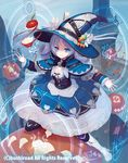  apple blue_eyes blue_hair boots breasts capelet cardfight!!_vanguard cleavage company_name curly_hair food fruit hat long_hair magic_circle official_art pantyhose saitou_takeo sky small_breasts solo witch_hat witch_of_fruit_of_knowledge_rooibos 