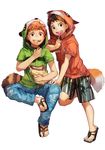  animal_hood ballroom_e_youkoso brothers brown_eyes brown_hair candy chips denim eating food fox_hood fox_tail full_body futami_juugo futami_kyuu geetgeet hood hoodie jeans lollipop looking_at_viewer male_focus multiple_boys orange_hair pants raccoon_hood raccoon_tail sandals shorts siblings smile tail twins 