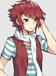  ahoge alternate_costume arm_up blush closed_mouth contemporary fire_emblem fire_emblem_if gebyy-terar grey_background hand_in_hair hinoka_(fire_emblem_if) jacket looking_away open_clothes open_vest red_eyes red_hair red_vest scarf shiny shiny_hair shirt short_hair short_sleeves simple_background solo striped striped_shirt t-shirt upper_body vest white_scarf 