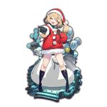  badge black_gloves black_legwear blonde_hair blush boots closed_eyes emblem full_body fur_trim girls_und_panzer gloves hand_on_hip hat katyusha last_period long_sleeves official_art open_mouth outstretched_arm pravda_(emblem) sack santa_costume santa_hat short_hair solo standing 